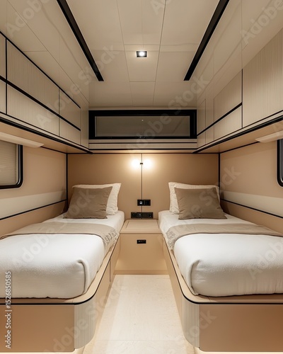 Interior twin beds, beige and cream.  Modern yacht cabin