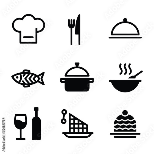 vector icons cooking food chef hat include a pizza slice, a sushi roll, spaghetti and meatballs, a curry bowl burger , fish 
