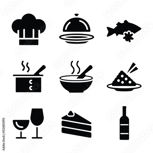 vector icons cooking food chef hat include a pizza slice, a sushi roll, spaghetti and meatballs, a curry bowl burger , fish 

