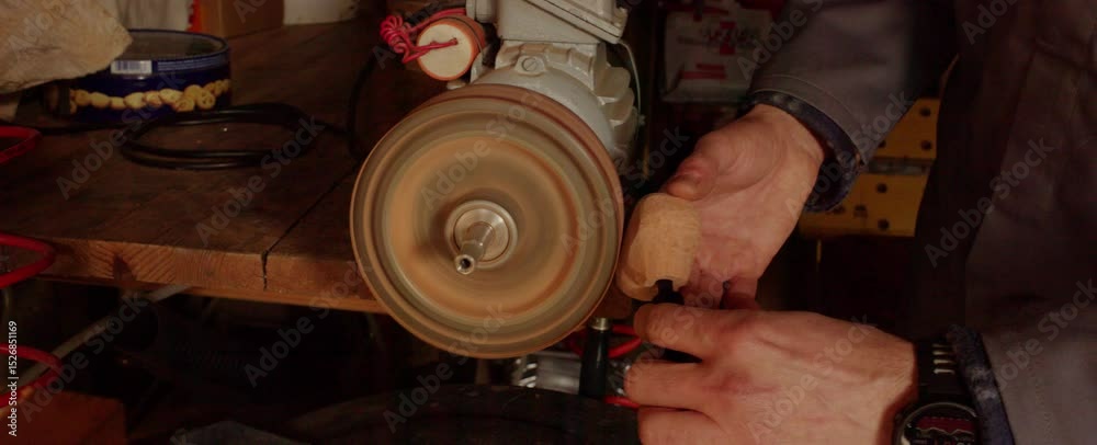 Mani uomo modellano pipa in legno al tornio III