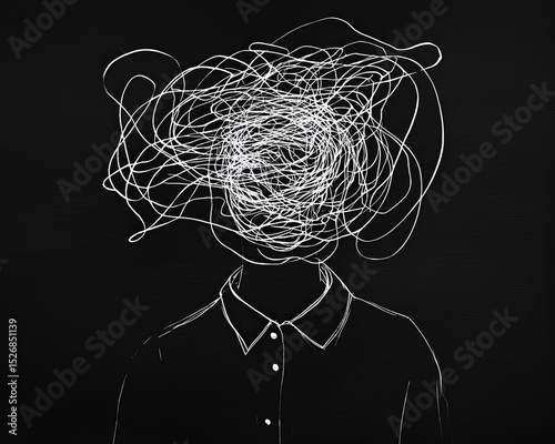 A man wearing a shirt but with a face instead of a chaotic swirl of white scribbles, symbolizing a confused mental state and possibly representing 