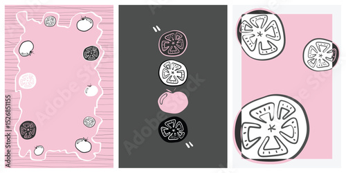 Set of 3 poster designs for healthy food concept, Veggie Time! Series. Cute hand drawn tomatoes illustration in minimal style, Pink, white and grey colors.
