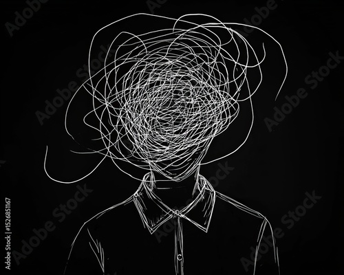 A man wearing a shirt but with a face instead of a chaotic swirl of white scribbles, symbolizing a confused mental state and possibly representing 