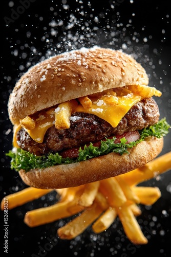 Juicy cheeseburger with melted cheese and fries on black background