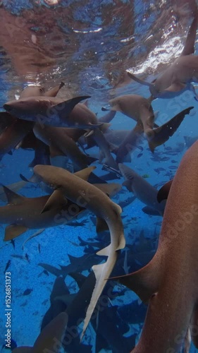 Nurse sharks underwater in Maldives. A lot of sharks in blue sea.