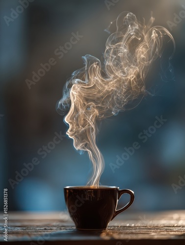Cup of coffee with face-shaped steam rising on wooden table