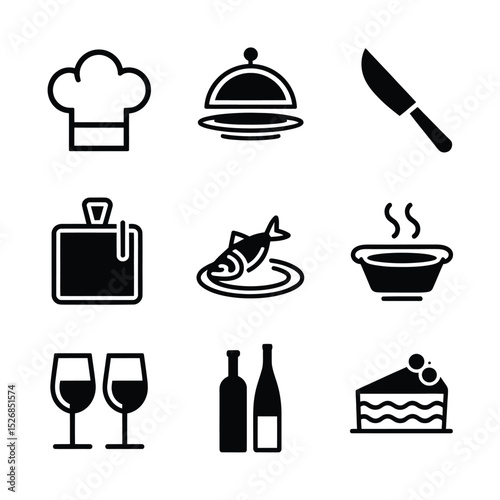 vector icons cooking food chef hat include a pizza slice, a sushi roll, spaghetti and meatballs, a curry bowl burger , fish 
