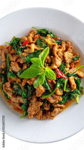 Delicious stir-fried meat with vegetables and herbs in a bowl. transparent background
