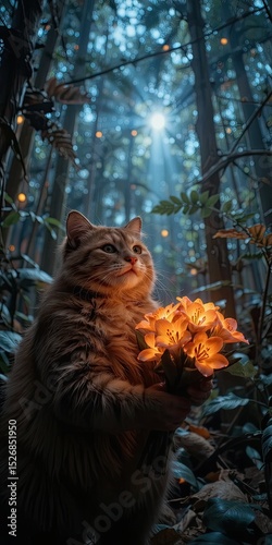 Tabby cat holding glowing lilies in forest at dusk