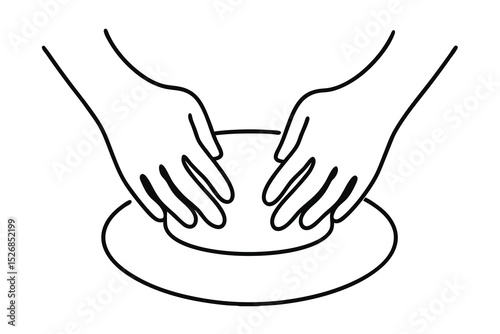 Hands shaping clay on a potter's wheel line drawing