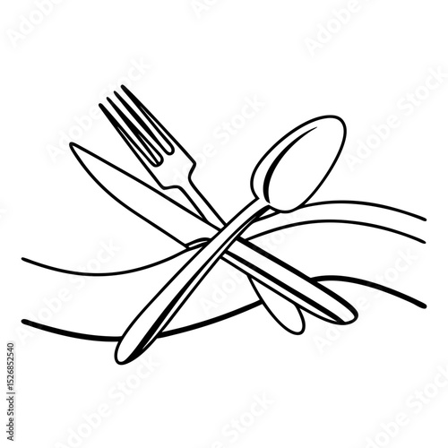 A simple line drawing shows a fork, knife, and spoon elegantly crossed atop a stylized wave, isolated on white background