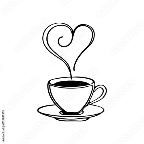 A steaming cup of coffee, its aroma swirling in a heart shape, sits serenely on a saucer, isolated on white background