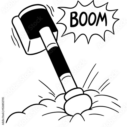 A black and white cartoon illustration of a large mallet crashing down into the ground with a boom sound effect, isolated on white background