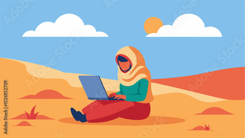 Despite the heat the remote worker dons a traditional desert headscarf and continues to work on their laptop perched atop a sand dune.. Vector illustration