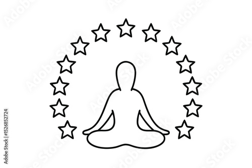 Person in lotus position surrounded by stars line drawing