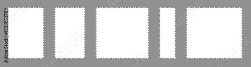  Collection blank post stamps. Postage frames set. Empty postal stamp. Borders for mail letter. White paper postmarks isolated on a background. Vector illustration, Rectangular perforated labels.