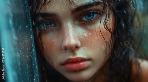 Close-up portrait of a sad girl looking through rainy window glass
