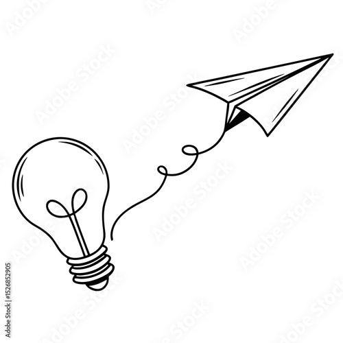 A bright lightbulb idea takes flight, soaring as a paper airplane isolated on white background