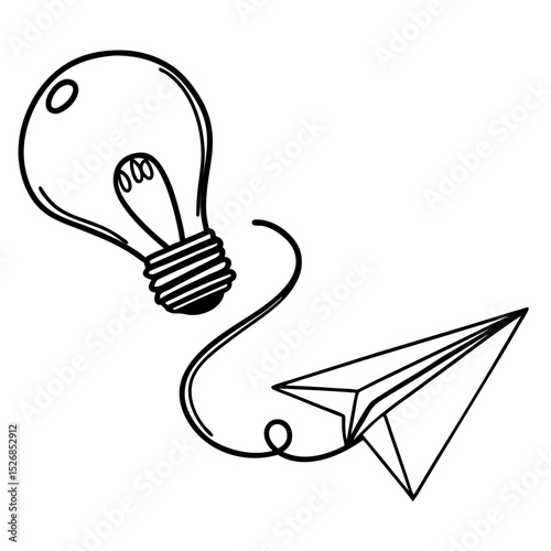 A bright lightbulb idea takes flight, its trajectory traced by a whimsical line, launching a paper airplane isolated on white background