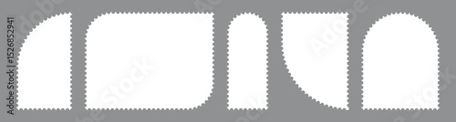  Collection blank post stamps. Postage frames set. Empty postal stamp. Borders for mail letter. White paper postmarks isolated on a background. Vector illustration, Rectangular perforated labels.
