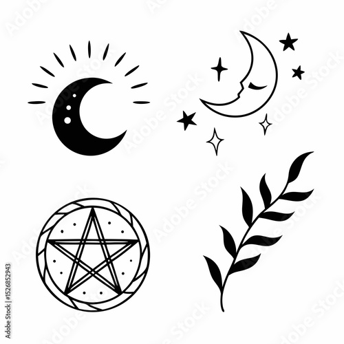Celestial symbols moon stars pentagram branch mystical wicca pagan witchcraft