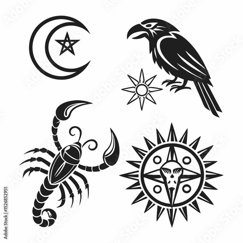 Black and white mystical symbols set moon star sun scorpion raven occult esoteric tattoo design