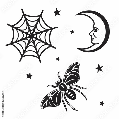 Moon moth spiderweb night sky stars halloween gothic tattoo design