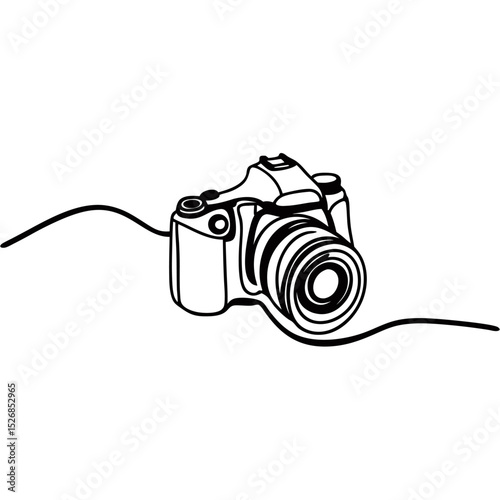 A sleek dslr camera rests gently on a minimalist white background, captured in a singleline drawing style