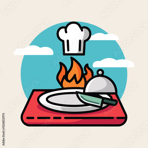vector icons cooking food chef hat include a pizza slice, a sushi roll, spaghetti and meatballs, a curry bowl burger , fish 

