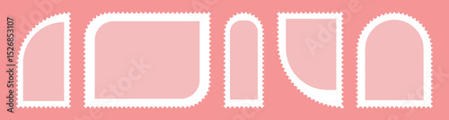 Valentines postage stamp set. Pink post stamp frame and border. square and Rectangular shapes for mail, postcard, letter. Vintage Jagged wavy edge forms for poster, banner, badge, sticker. Vector