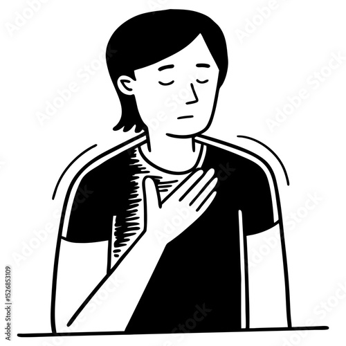 A young person with short hair sits isolated on white background, hand gently resting on their chest, eyes closed in quiet contemplation