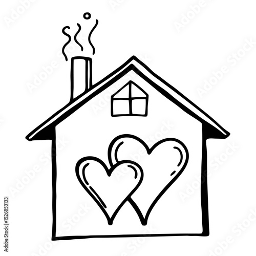 A cozy little house, isolated on white background, with two intertwined hearts warming its interior, smoke gently rising from its chimney