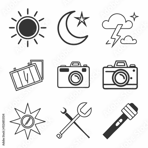 Simple line icons set sun moon camera repair tools