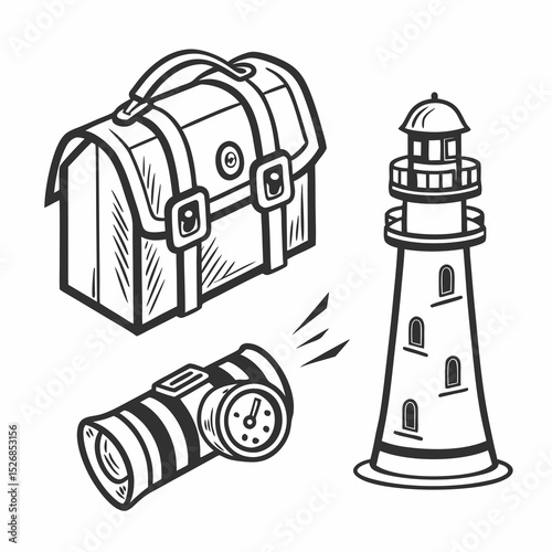 Vintage travel illustration lighthouse treasure chest spyglass