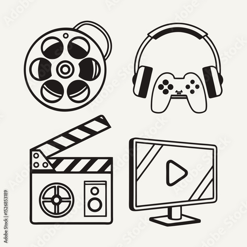 Film reel headphones game controller clapperboard computer monitor entertainment icons
