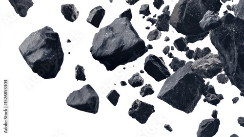Isolated dark grey rocks and stones falling in white background.