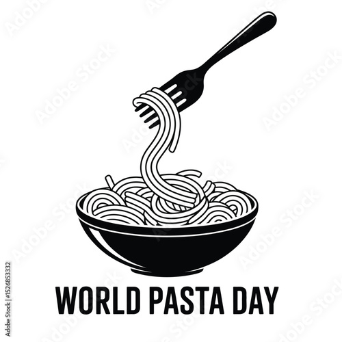 Minimalist black and white illustration of a fork twirling pasta for world pasta day