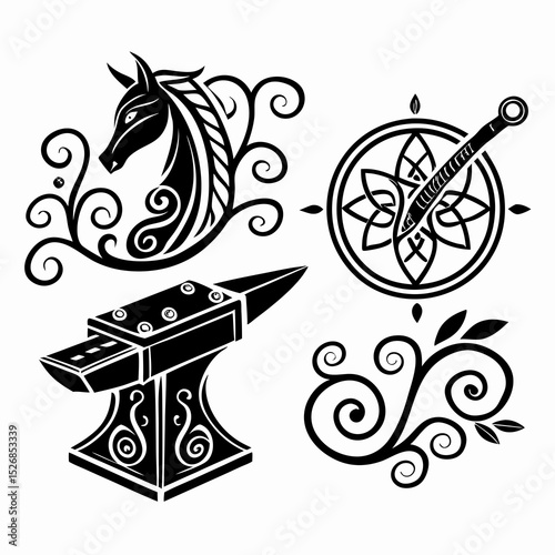 Black and white celtic knotwork design elements horse anvil compass floral swirls