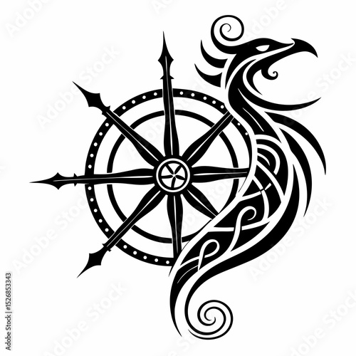 Stylized tribal phoenix bird with dharma wheel design element