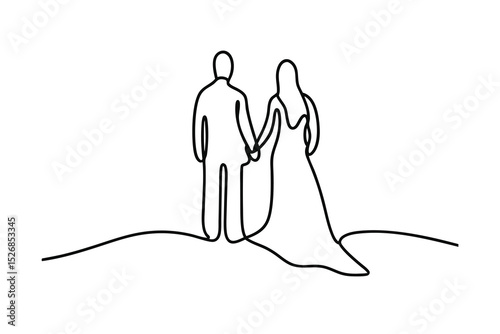 Simple line drawing of a bride and groom holding hands