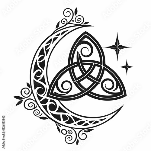 Celtic knotwork moon design with stars and floral elements