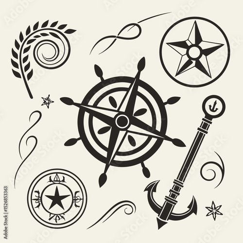 Nautical compass rose anchor wheel swirls star design elements