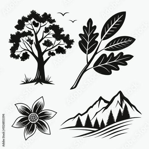 Black and white nature silhouettes tree flower leaves mountains