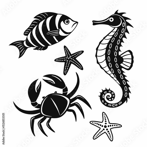 Black and white sea life illustration fish crab starfish seahorse