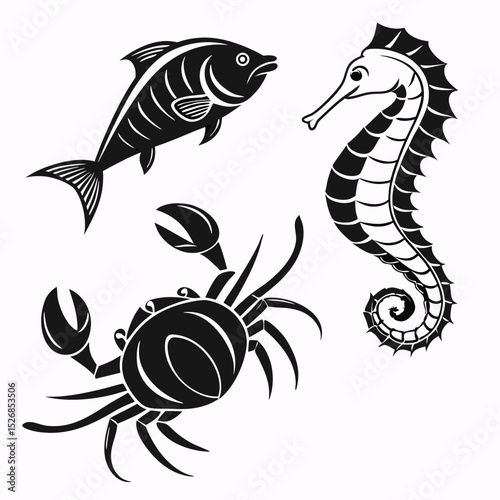 Stylized black and white sea life trio fish crab seahorse