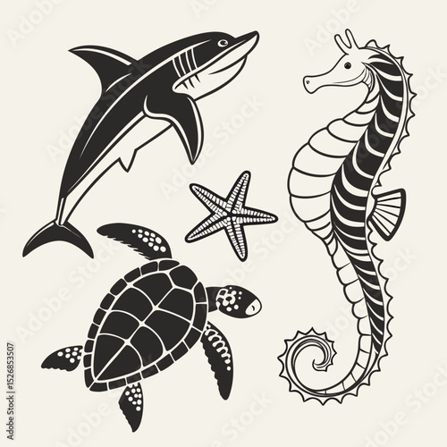 Ocean wildlife sea life shark seahorse turtle starfish black and white illustration