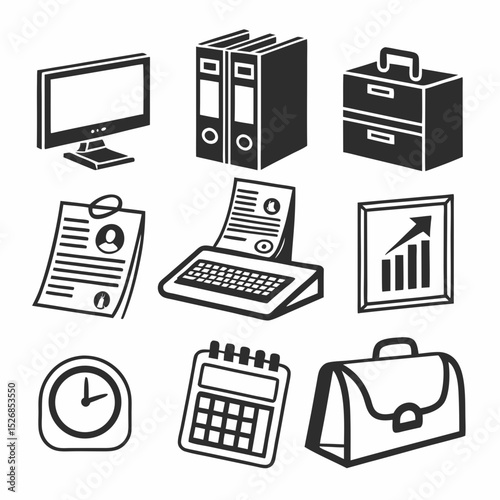 Office supplies icons set computer files folders briefcase clock
