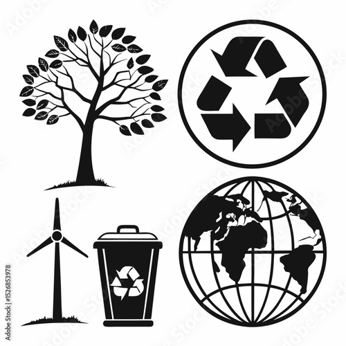 Environmental conservation icons tree recycle globe wind turbine trash can