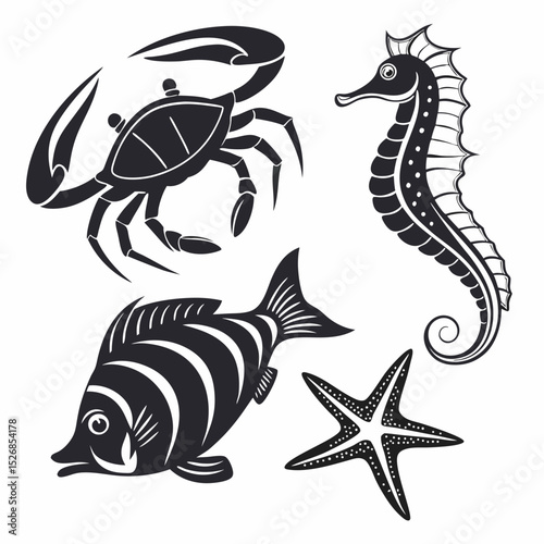 Black and white sea life illustrations crab seahorse fish starfish