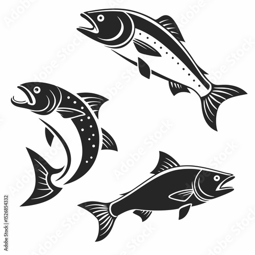 Three stylized salmon fish illustrations black and white design